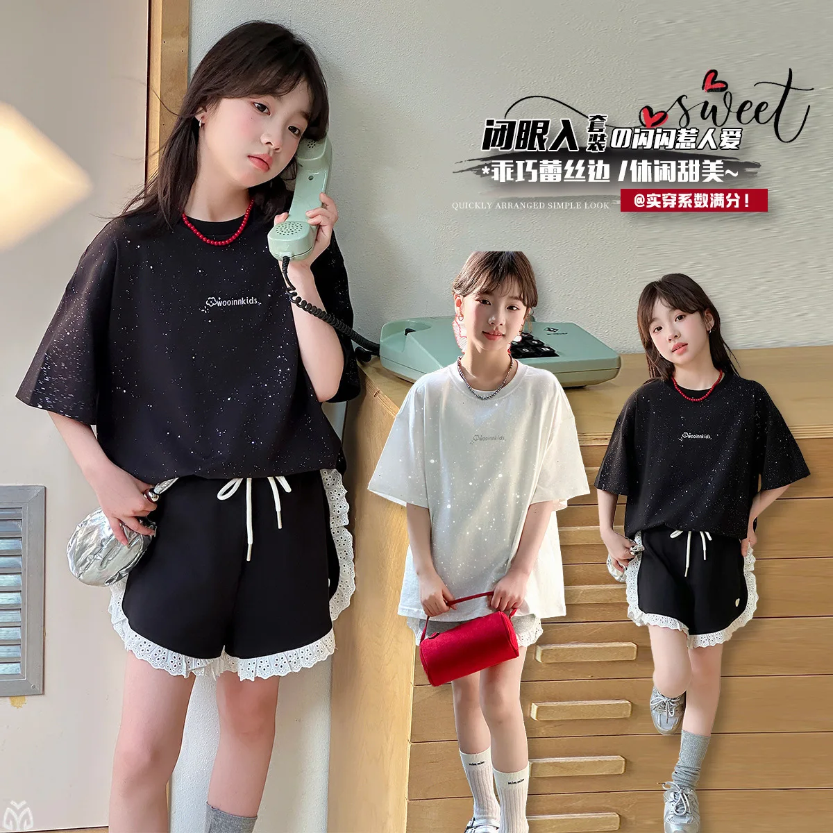 Summer teen girl Shiny sportswear clothes set Short Sleeve T-shirt Lace shorts 2pcs junior kid sport clothing suit child outfits