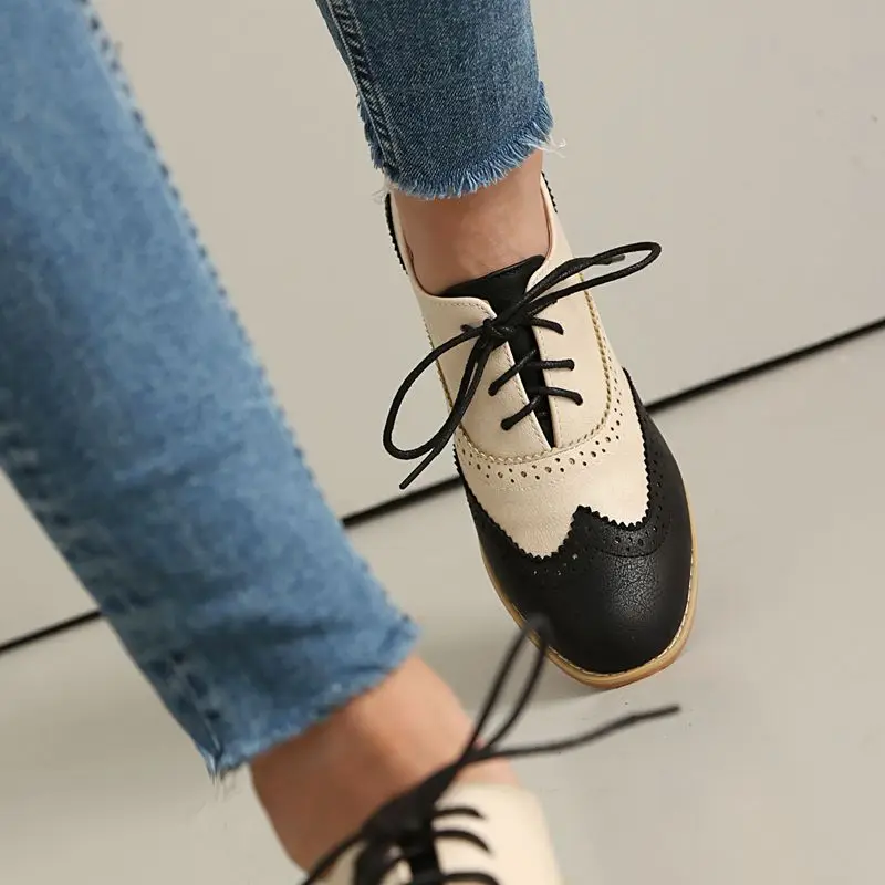 

ORCHA LISA 2026 Fashion Casual Female Brand Vintage Women Brogues Round Toe Lace Up Mixed Color Casual Flats Large Size 43 PU