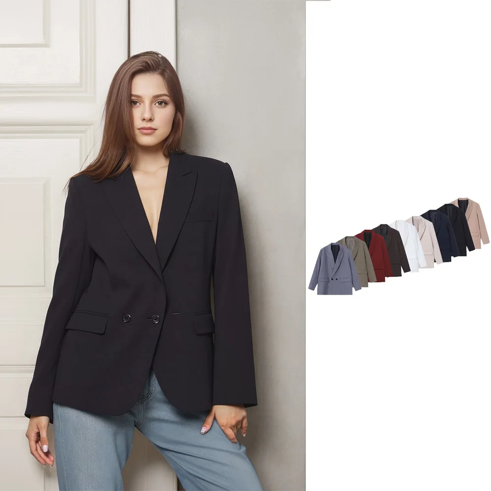 Winter nieuwe damesmode casual revers jas met lange mouwen en gewatteerde schouders met dubbele rij knopen