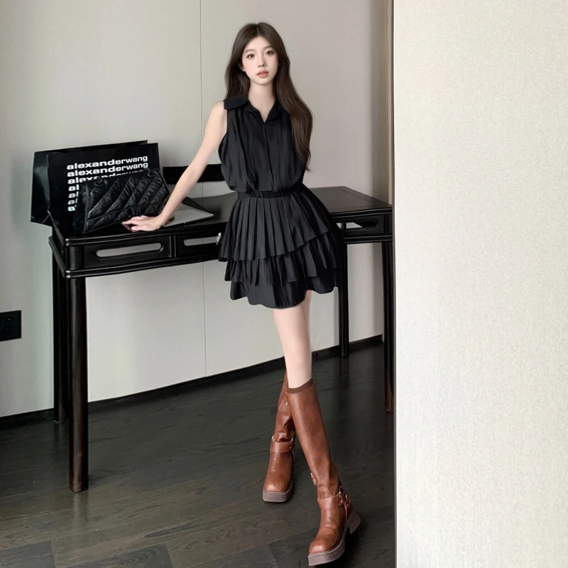 

French style Sleeveless Dress for Women's Summer High Waisted Pleated A-line Short Dress Fashion Female Clothes