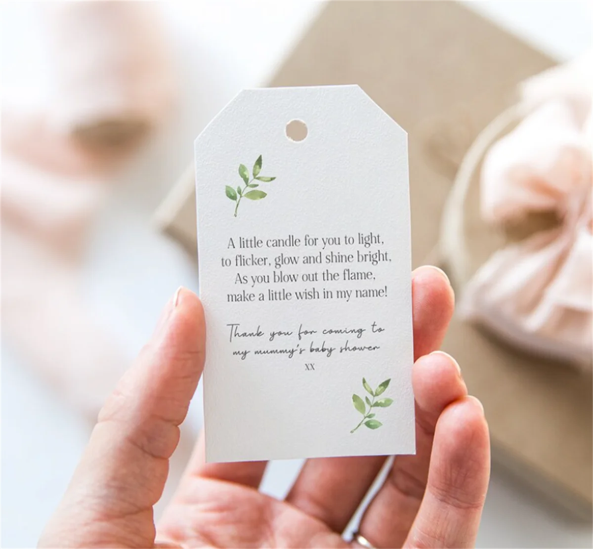 50pcs Personalised Candle Baby Shower Favour Tags - Boho Baby Design With Greenery Design - Size Large 5 x 8.5cm