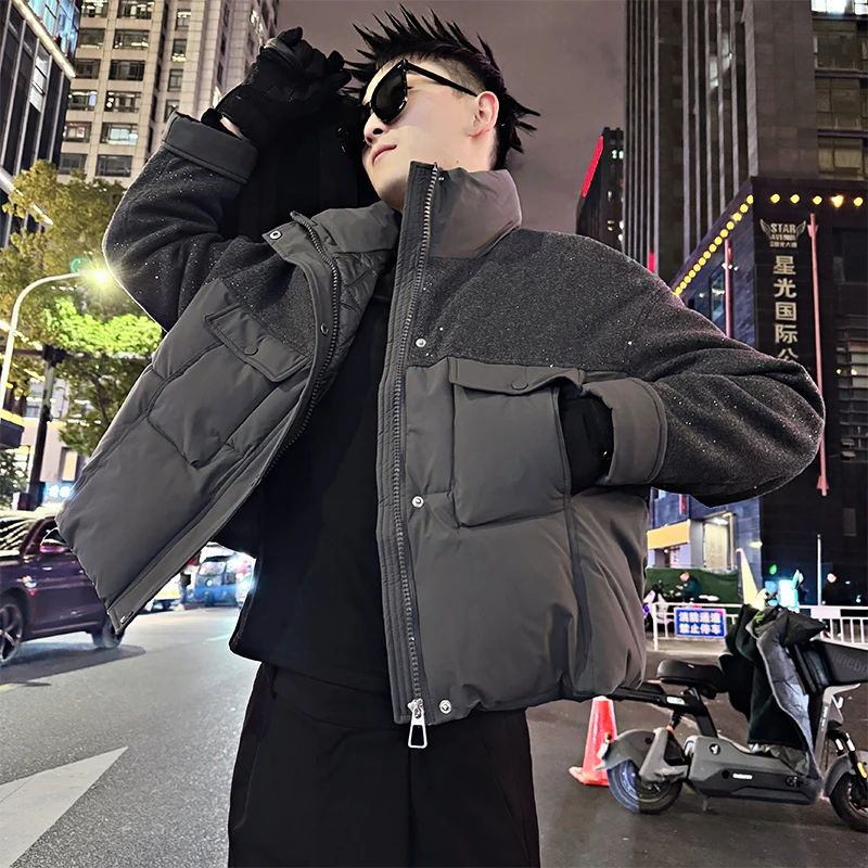 Winter Sequined Spliced Woolen Cotton Jacket Men Slim Fit Thick and Warm Casual Jacket Stand Up Hip-hop Streetwear Parkas Coat