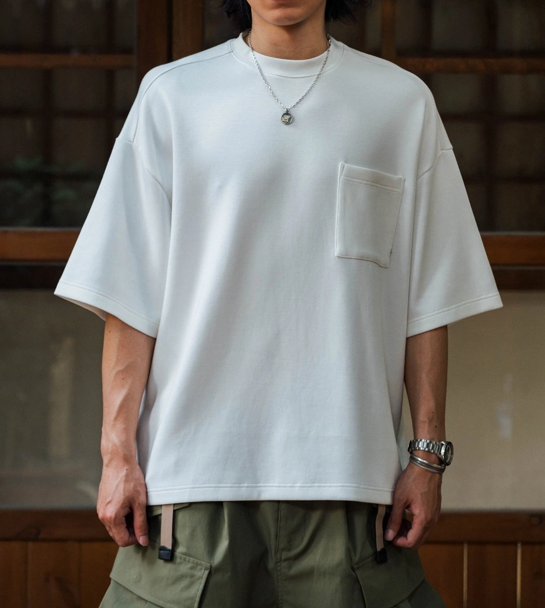 2026 Summer Men's New Pocket Cool 330g Space Cotton Small Neckline Shoulder Short Sleeve T-shirt