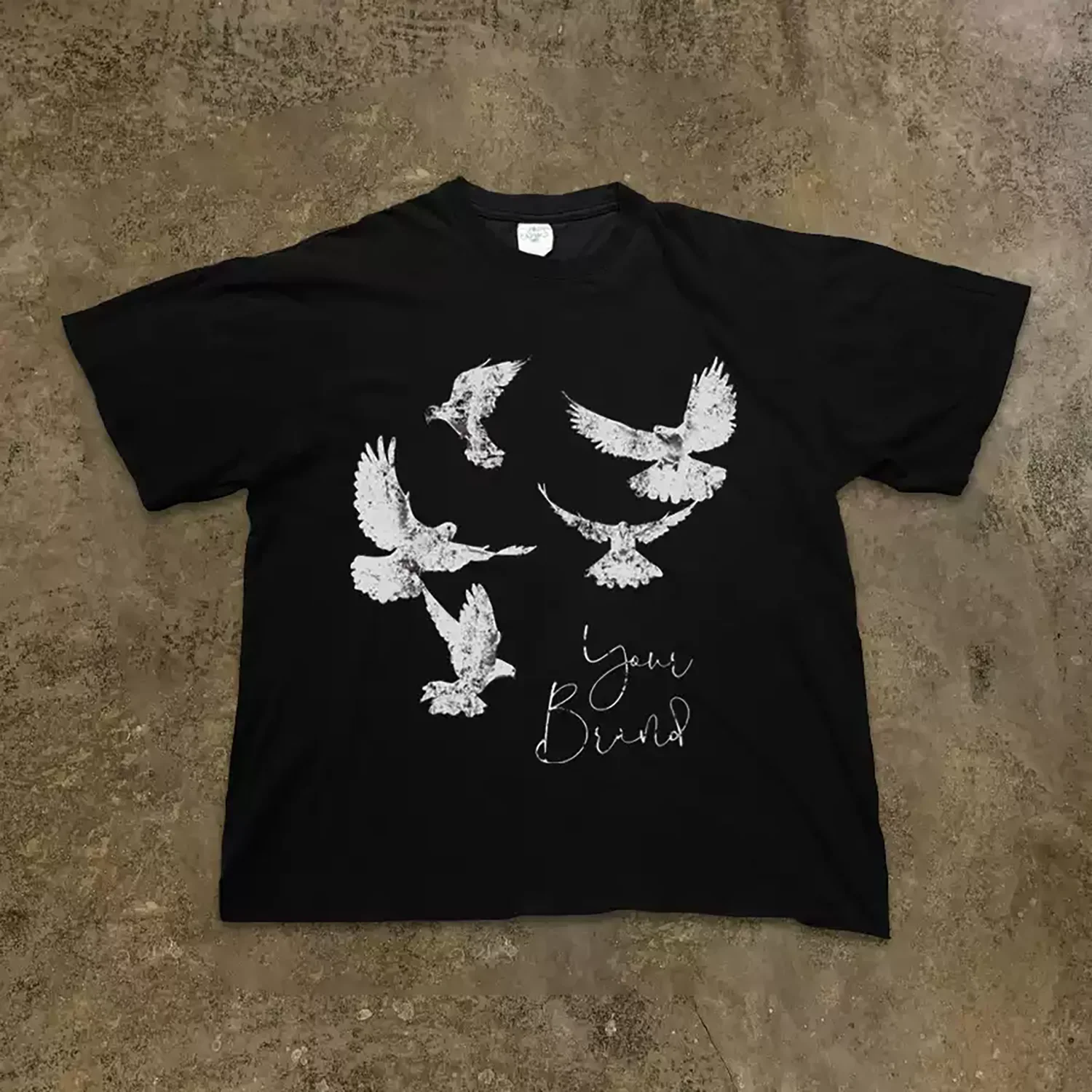 Men's Vintage Distressed Flying Dove Graphic T-Shirt, Retro Worn Texture Birds & Handwritten Cursive Text Print Crew Neck Loose Casual Streetwear Cotton Short Sleeve Tee.