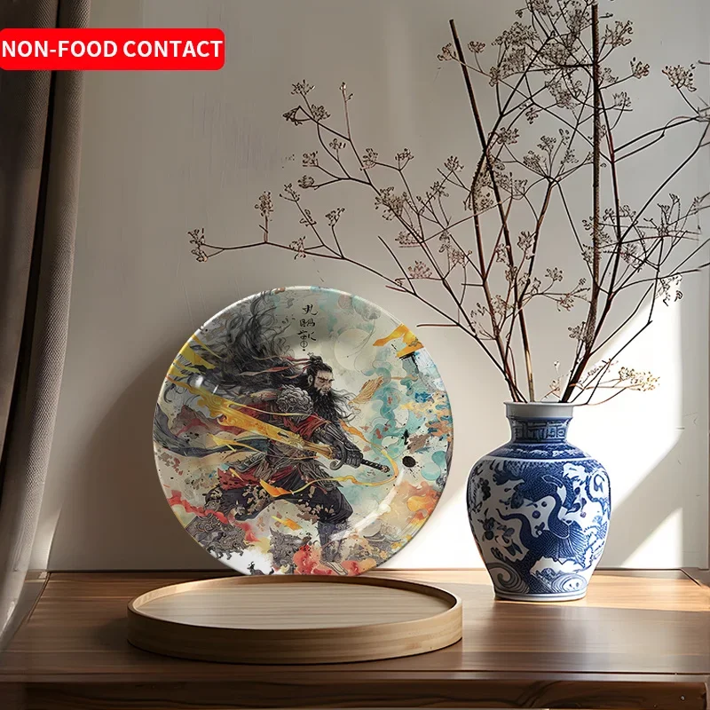1pc Flame Warrior Decorative Plate - Asian-Inspired Warrior Art with Flaming Swords, Dynamic Action Scene in