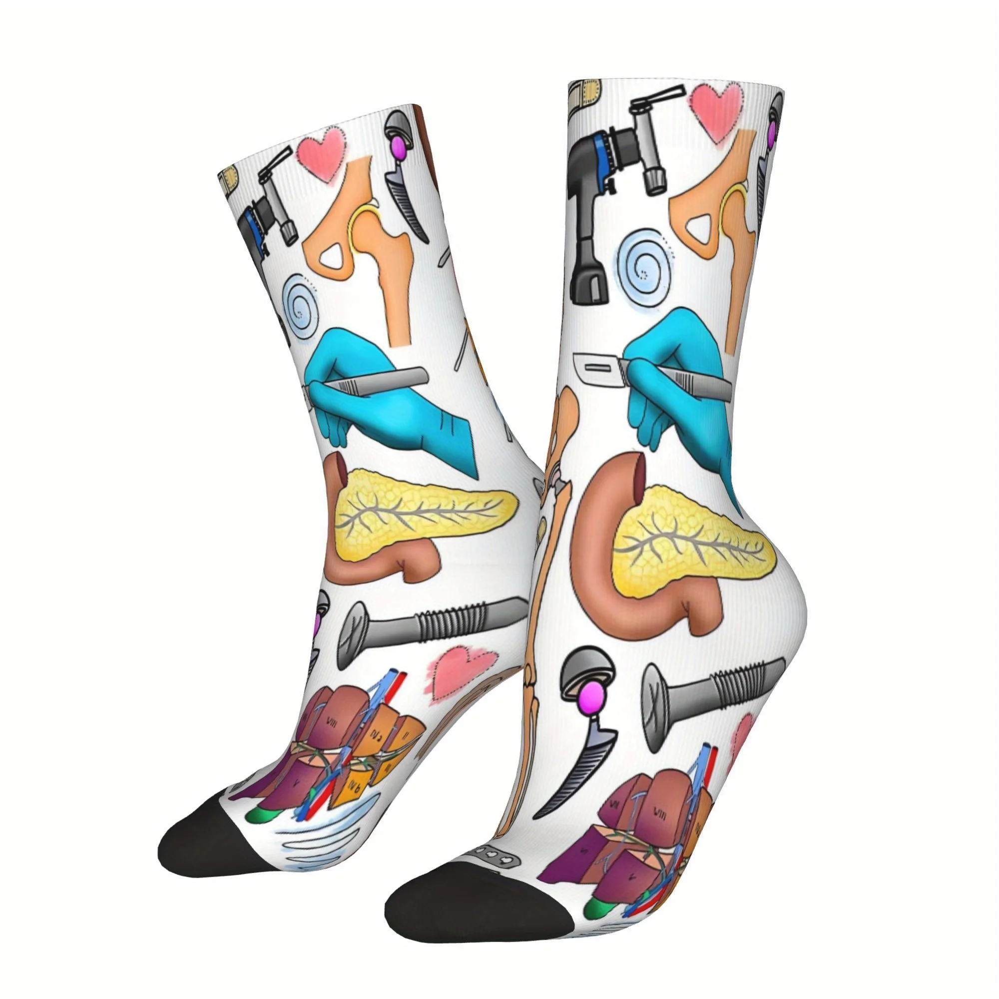 Medical Sock with Anatomy Print Knit All Over Design Featuring Organs Tools Black Toe Heel Perfect for Nurses