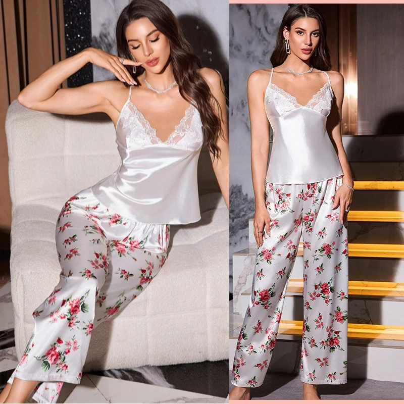 

Lace Print Cami&Trousers Sleep Suit Women Satin Sleepwear Lingerie 2 Pieces Pajamas Set Sexy Pyjamas Nightwear Home Clothes