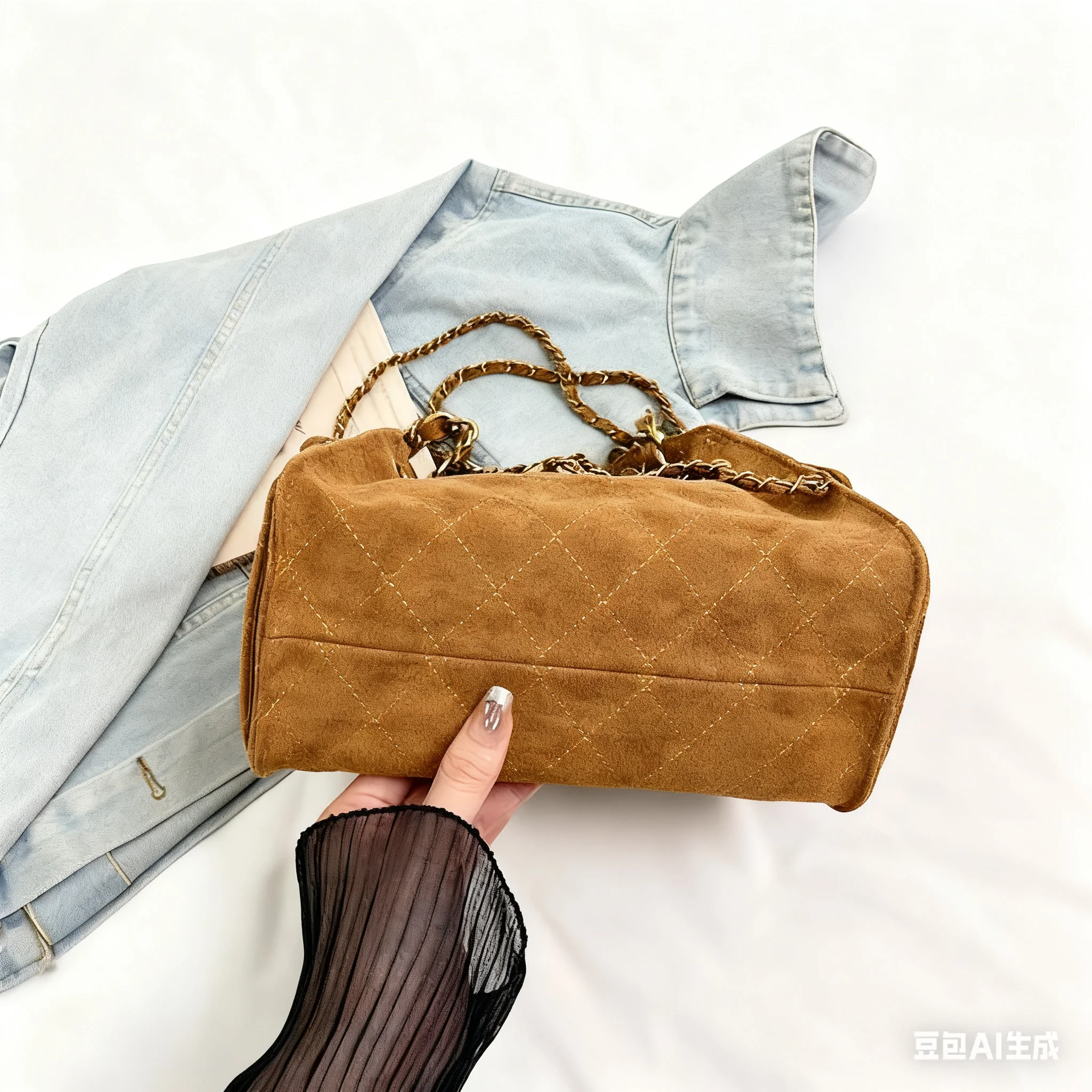 

Women's Denim Checkered Handbag with PC Monogram, Convertible Top-Handle Crossbody Bag, Fashion-Forward Casual Style