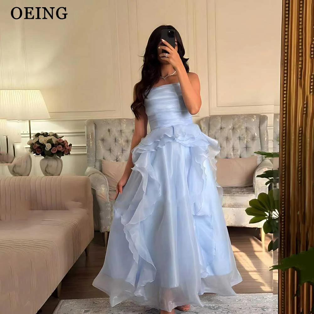 OEING Elegant Sky Blue Strapeless Prom Dresses Tiered Pleated Evening Gowns Floor Length Formal Occasion Dress Vestidos De Noche