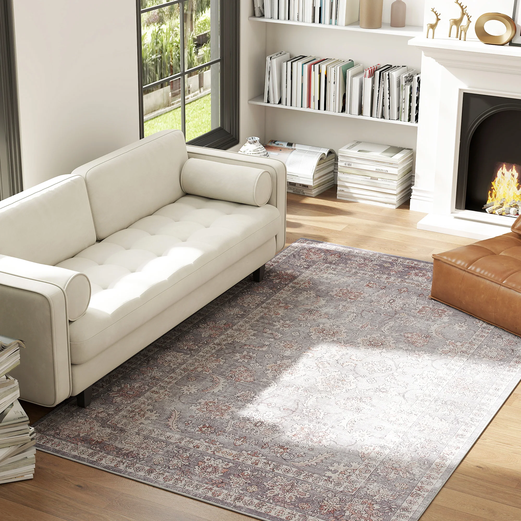Area Rug 5x7, Machine Washable Rug, Non-Slip Traditional Flower Print Floor Cover Foldable Carpet, Grey and Brown