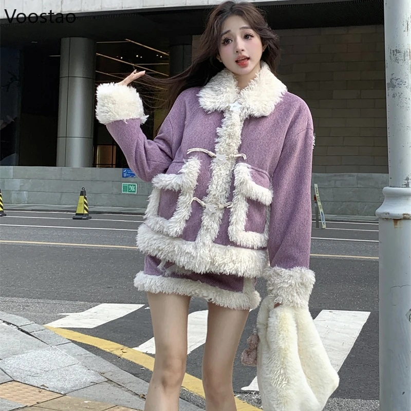 Autumn Winter Sweet 2 Piece Skirt Sets Women Casual Y2k Plush Patchwork Jacket Mini Skirts Fashion Kawaii Warm Blazer Coat Suits