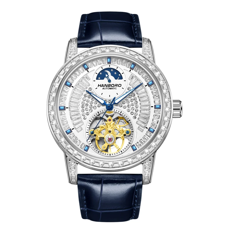 HANBORO Men Automatic Watch Luxury 43.5mm Mechanical Wristwatch Luminous 50M Waterproof Sapphire Skeleton Full Crystal Dial