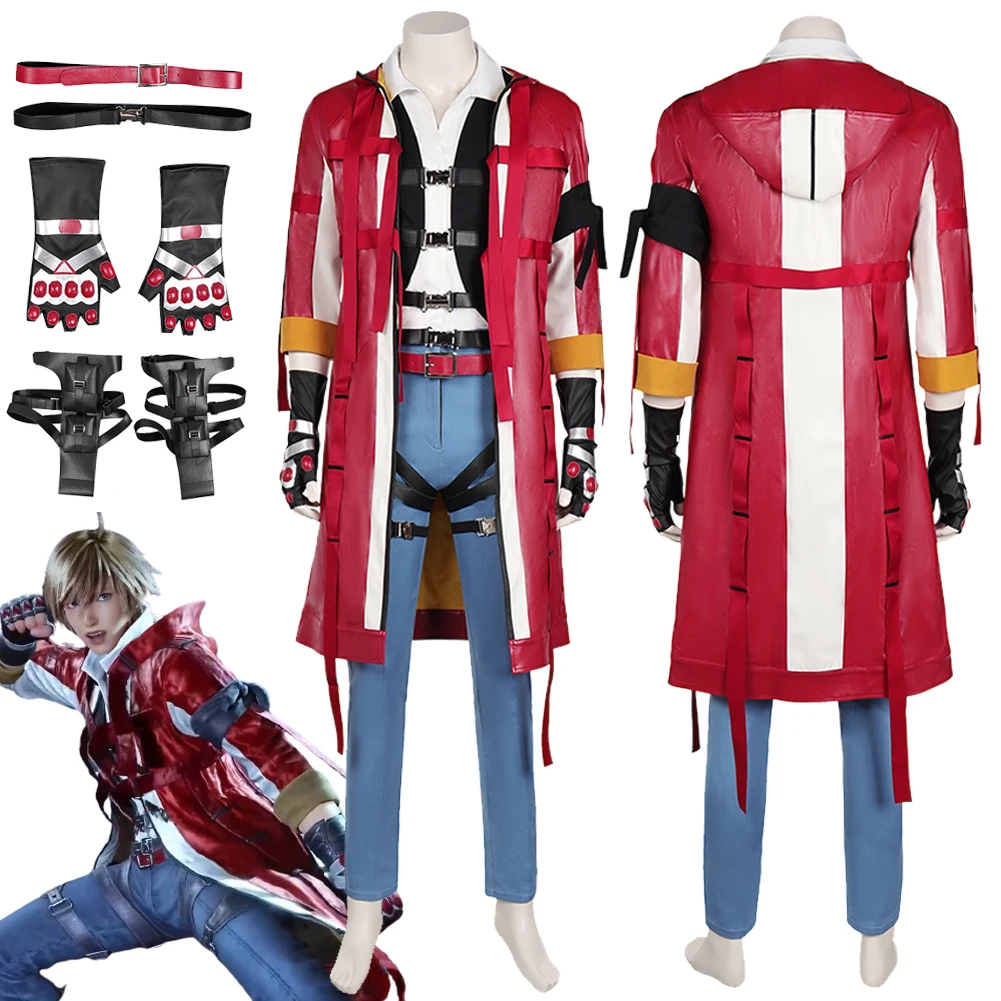 LEO Cosplay Fantasy Anime Game Tekken8 Disguise Costume Adult Men Red Coat Blue Pants Belt Gloves Halloween Party Clothes