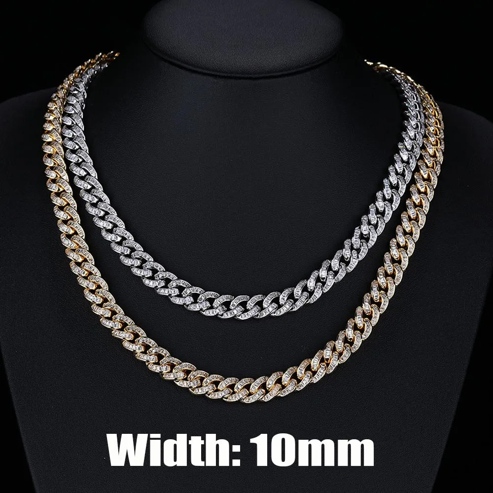 10MM Lced Out Cuban Link Chain Pendant  Necklace Baguette CZ Full Diamonds Hip Hop Accessory Fine Jewelry Gifts for Men Boy