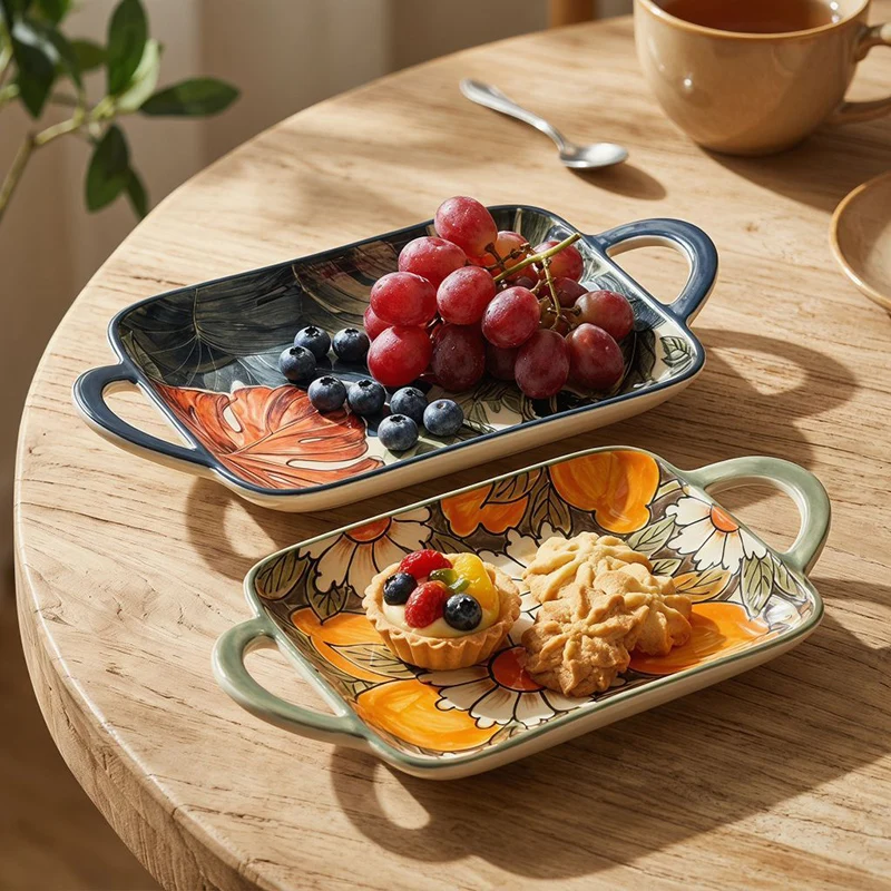 Portable Creative Double Ear Ceramic Plate for Steamed Fish and Barbecue High Value Underglaze Home Gift