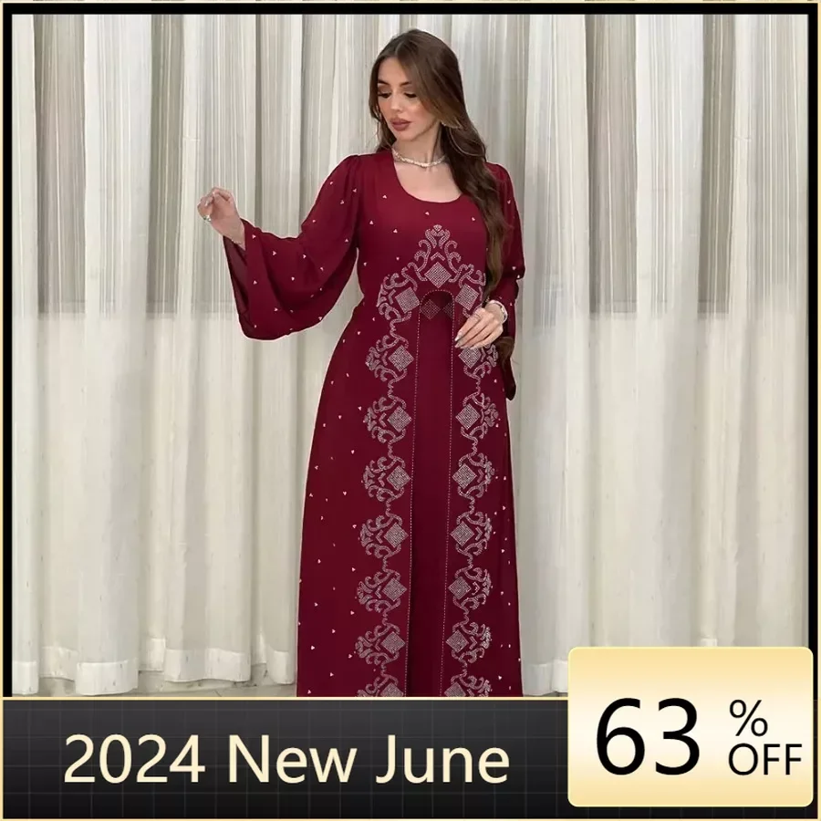 

2024 Chiffon Diamonds Abaya Morocco Party Evening Muslim Elegant Women Dresses Kaftan Dubai Gown Jalabiya Caftan Islam Clothing