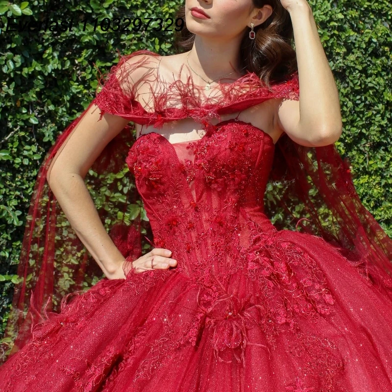 EVLAST-Robe de Bal Rouge en Dentelle Brillante avec Appliques Perlées, Corset Cape, TQD862, 16