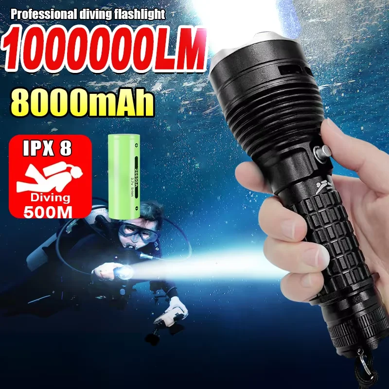 

High Power Diving Flashlight IP68 Highest Waterproof Rating Professional Diving Light Powered by 18650 Battery With Hand Rope H