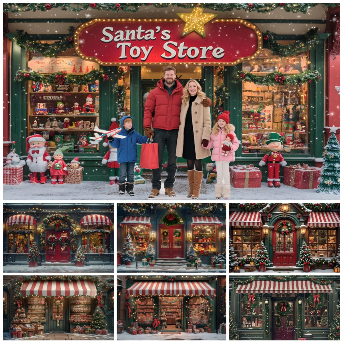 Santa Claus' Toy Store Photography Backdrop Retro Christmas Decoration Christmas Tree Wreath Gift Kids Family Party Background