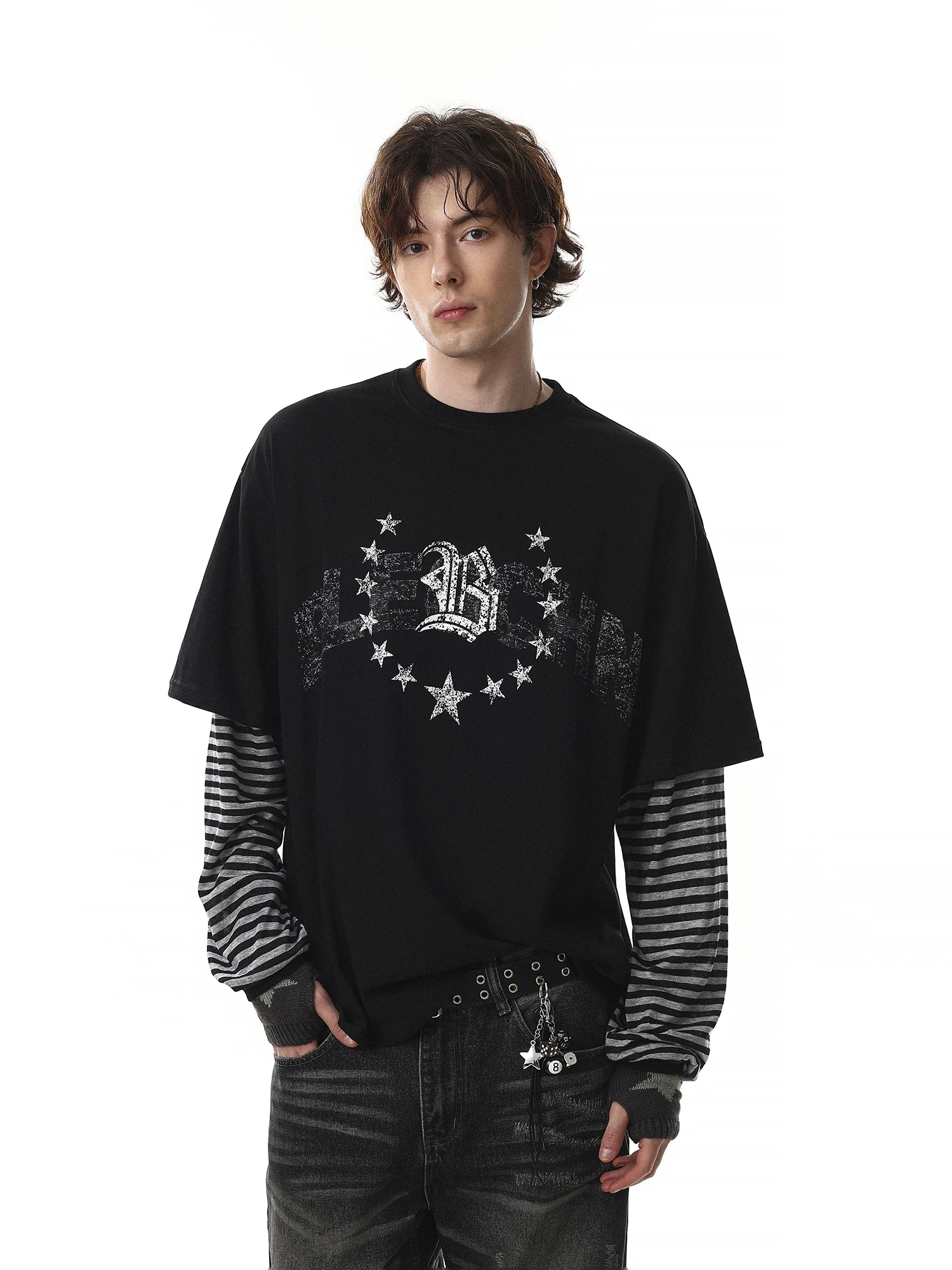 American Style Long Sleeve T-Shirt for Men Loose Patchwork Stripes Fake Two-Piece Top Star Letter Print Cotton round Neck