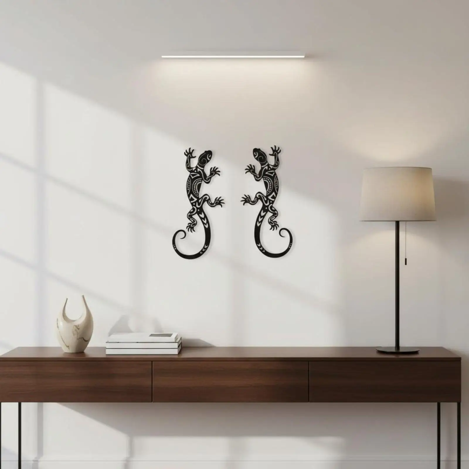 Metal Wall Sculpture Iron Gecko Set Hollow Tribal Design Reptile Decor for Bathroom Stairway