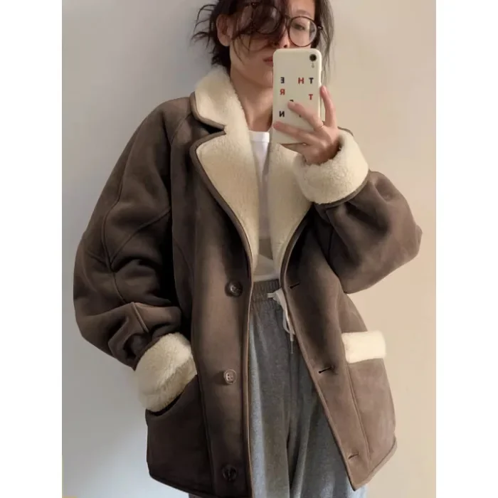 Women\'s Fashionable Streetwear Jacket with Lamb Wool, New Fur Integrated Cotton Jacket for Winter