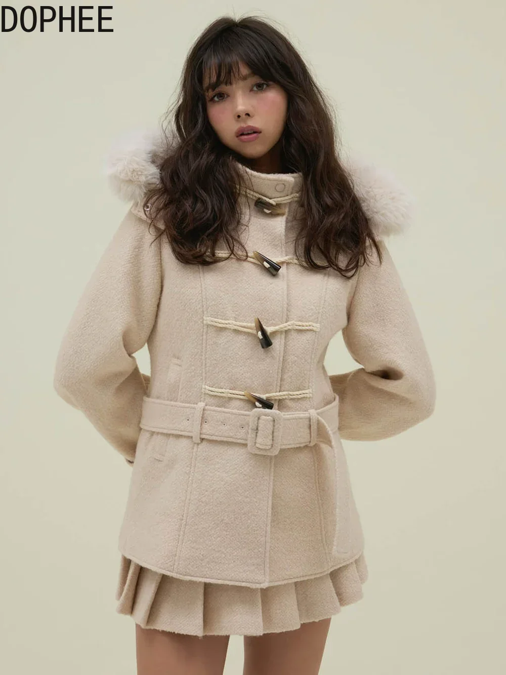 

Японская осенне-зимняя куртка с капюшоном, шерстяные кардиганы, пальто, элегантное женское универсальное шерстяное пальто с роговой пуговицей (30 дней отправке)