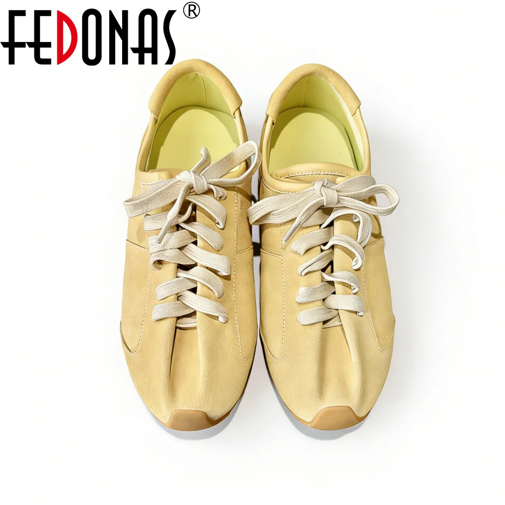 Women's Cow Suede Platform Sneakers - Lace-Up Casual Flats