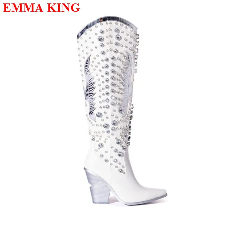 Women Knee High Boots Autumn Winter Rhinestone Diamond Western Boots Woman Fashion Cowboy Botas Mujer Chunky Heel Ladies Shoes