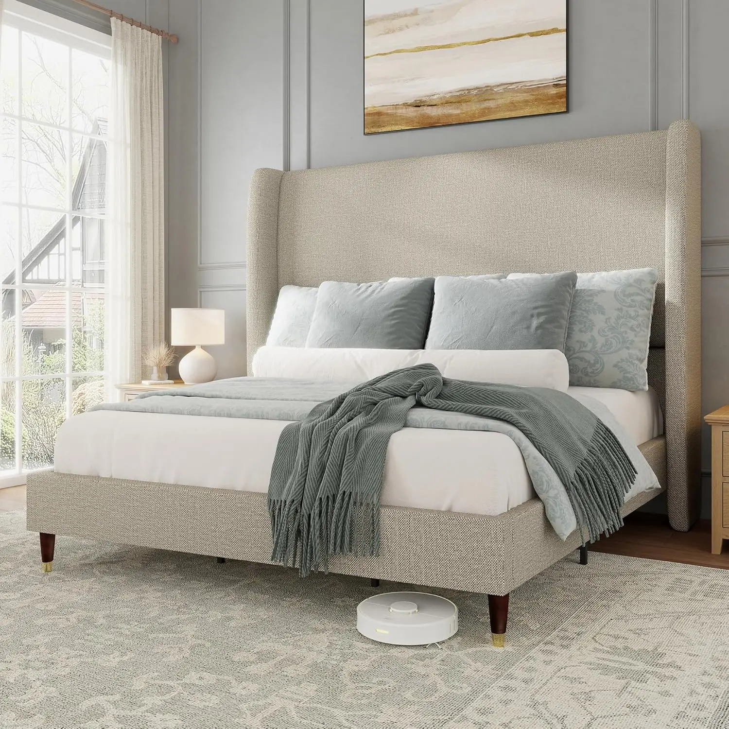 King Size Upholstered Platform Bed Frame with Wingback Headboard & Wood Legs Slats, Modern Minimalist, Easy Assembly, Custom