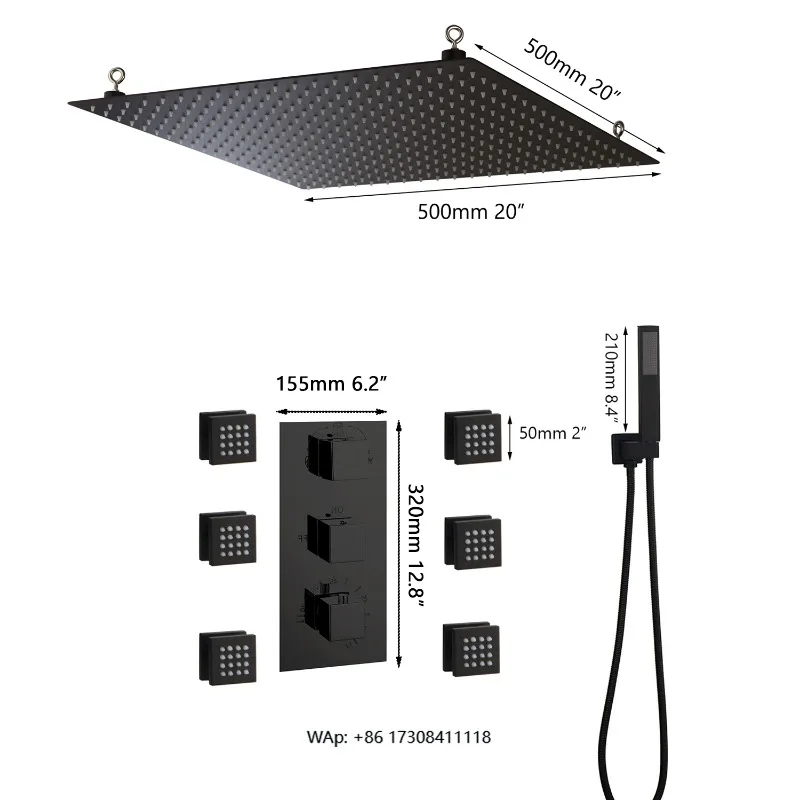 20 Rain Shower Faucet Set Matte Black Thermostatic Ceiling Mounted Brass Body Massage System with Manual Sprayer Faucet