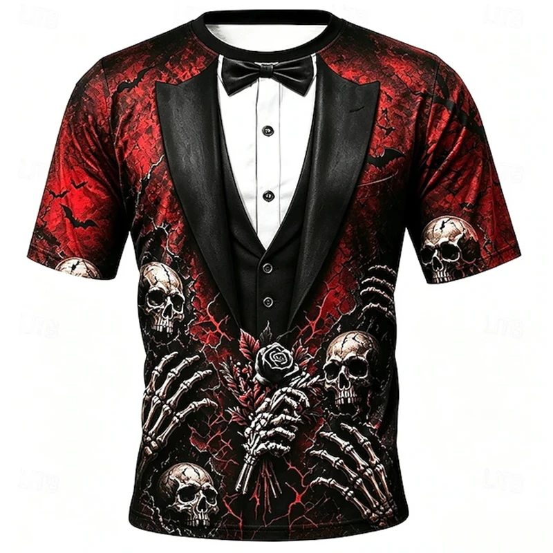 Men 3D Fake Suit Skull Skeleton Print T Shirt Optical Illusion Short Sleeve Tee Halloween Cosplay Costume Spooky Party Tops New