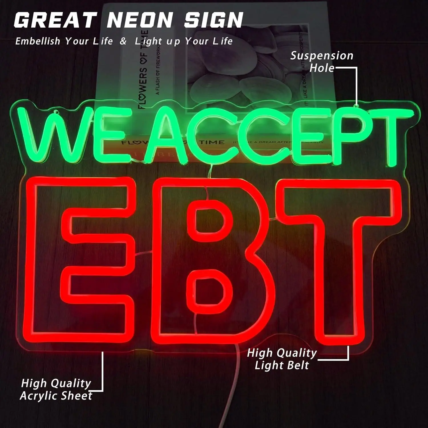We Accept EBT Neon Sign USB Dimmable LED Light for Wall Decor Business Store Shop Welfare Payment Indicator Art Decoration Gifts