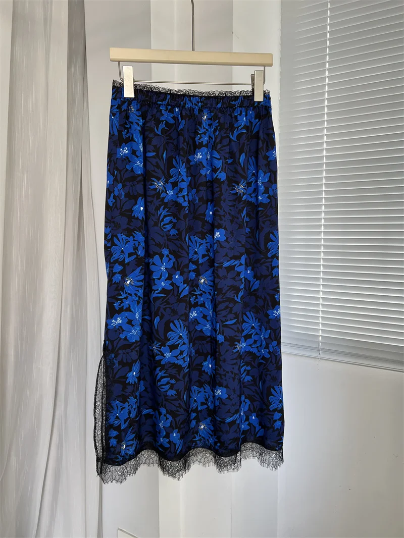 100% Viscose Women Early Autumn 2026 Midi Skirt High Waist Fashion Flower Print Vintage Ladies Lace Splices Jupe
