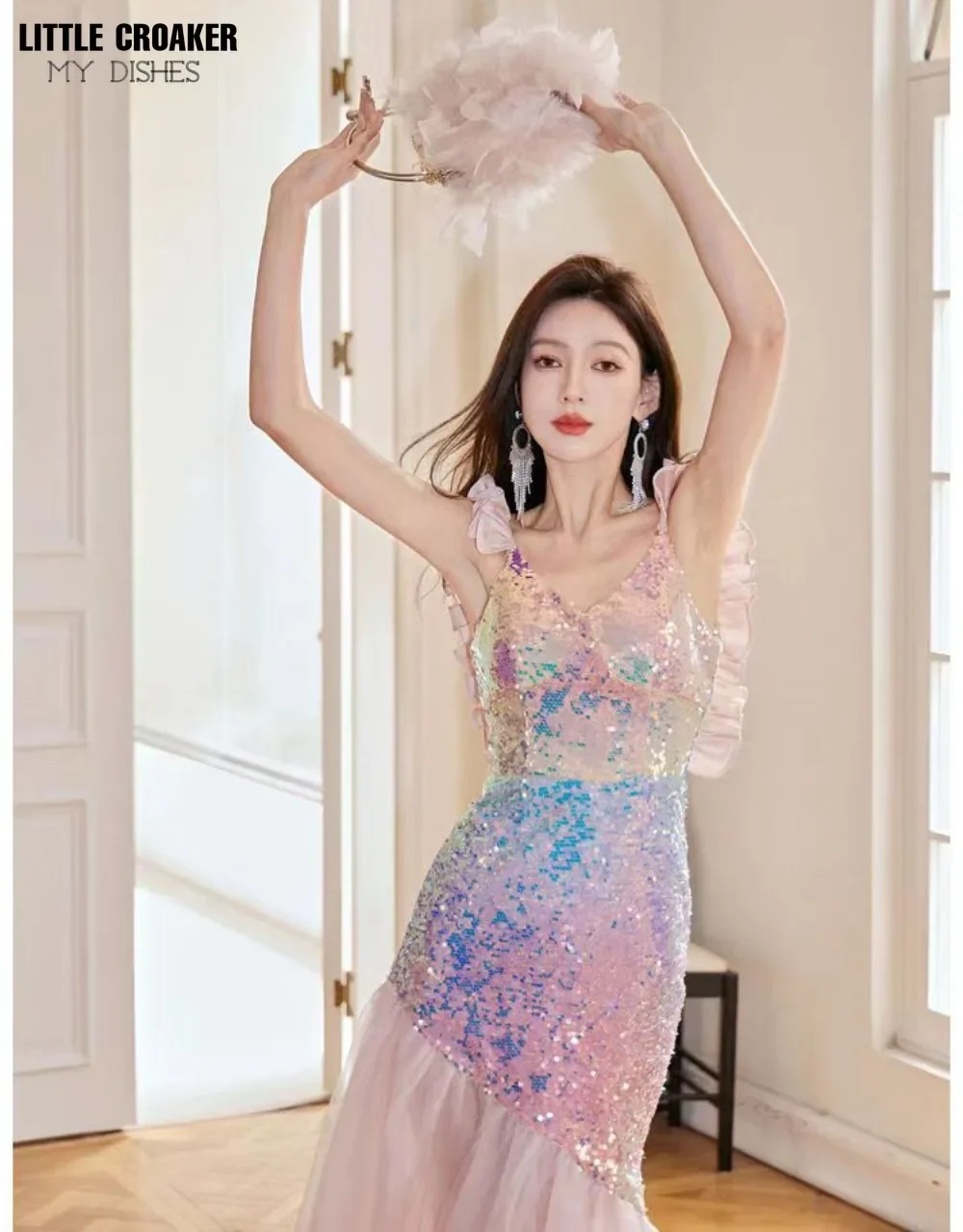 Ruffle Strap Mesh Tulle Skirt Colorful Sequins Party Mermaid Dresses for Women