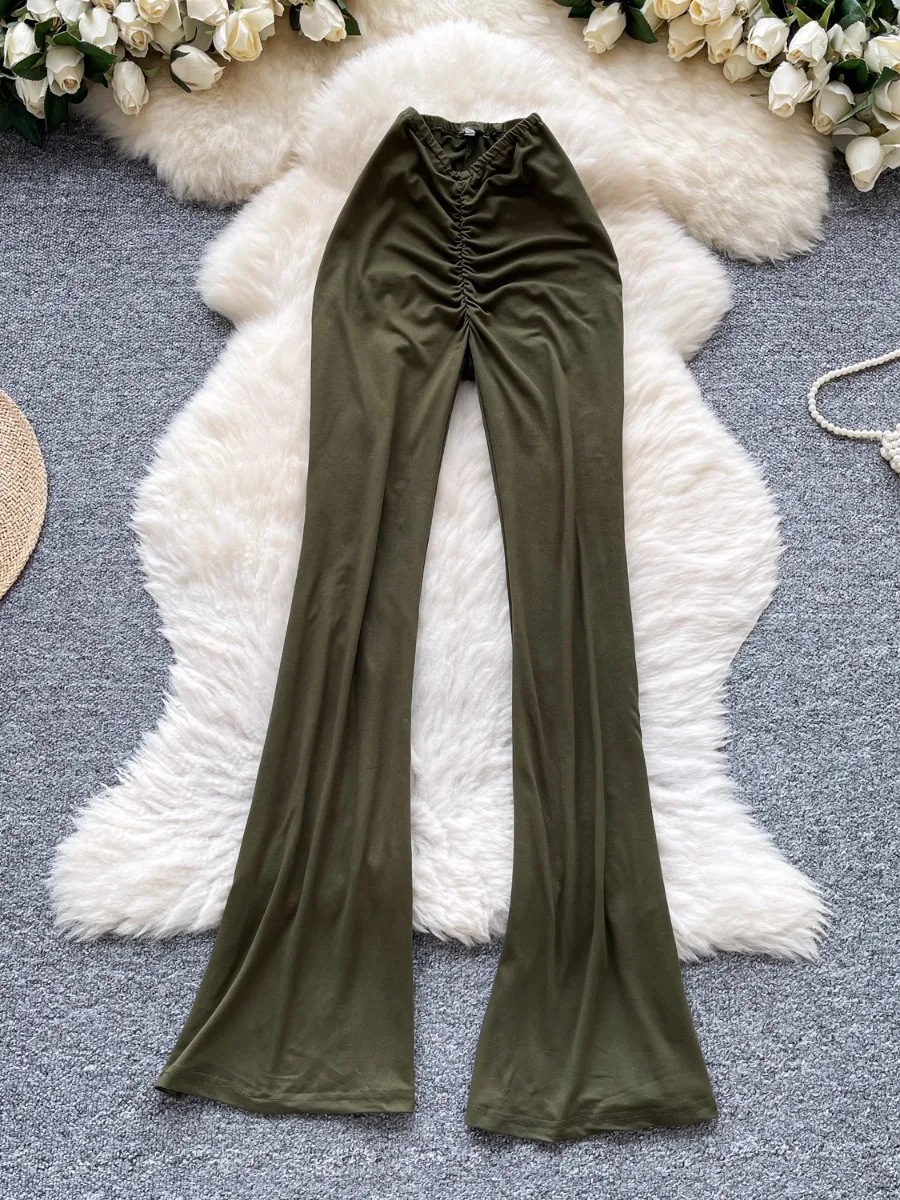 Foamlina été plissé coupe ajustée pantalon évasé européen fille chaude couleur unie jambe allongement léger Mature élégant pantalon