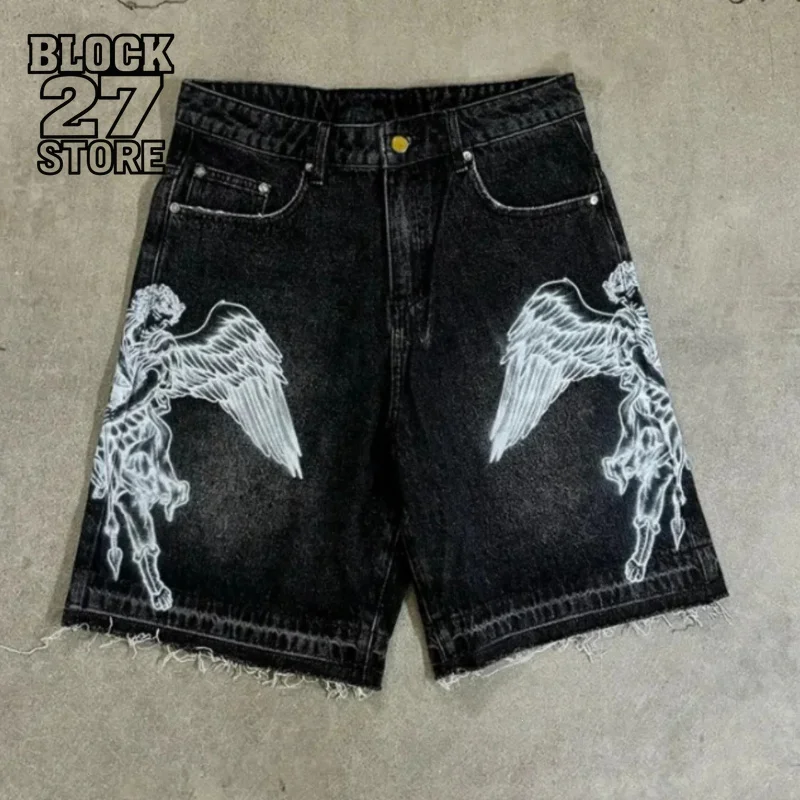 

Mens Denim Shorts American Vintage Print Streetwear Shorts Harajuku Unisex Loose Fit Washed Five Length Casual Ins Fashion Trend