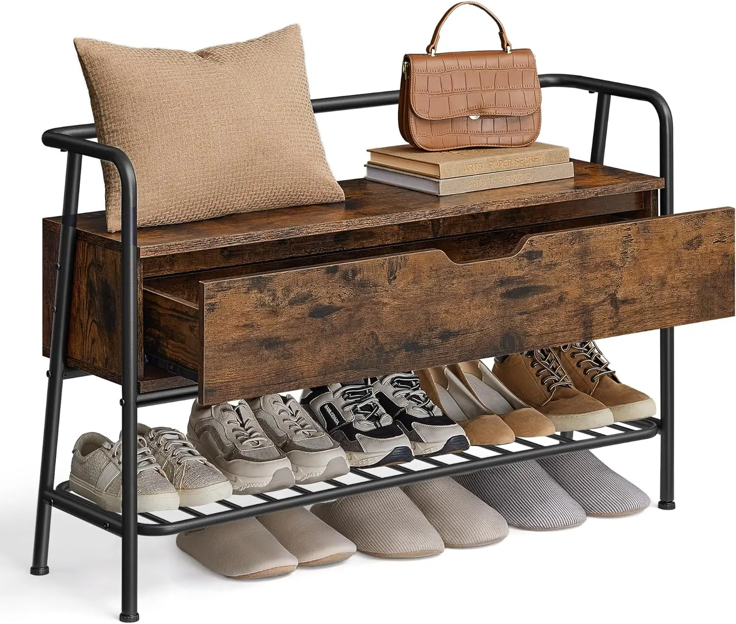 

Shoe Storage Bench with Seating, Shoe Bench with Organizer Drawer, Industrial Style, Steel Frame, Holds Up to 600LB,