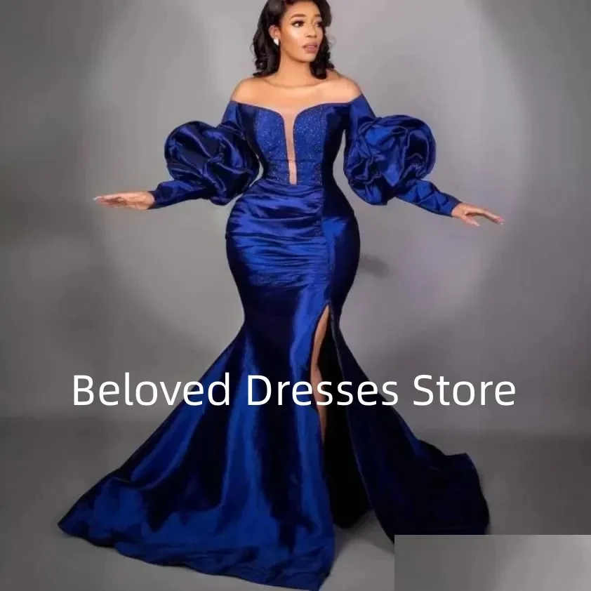 

2024Sexy Royal Blue Women's Prom Dress Off Shoulder Inlaid High Edge Split Evening Dress Formal Birthday Celebrity Evening Dress