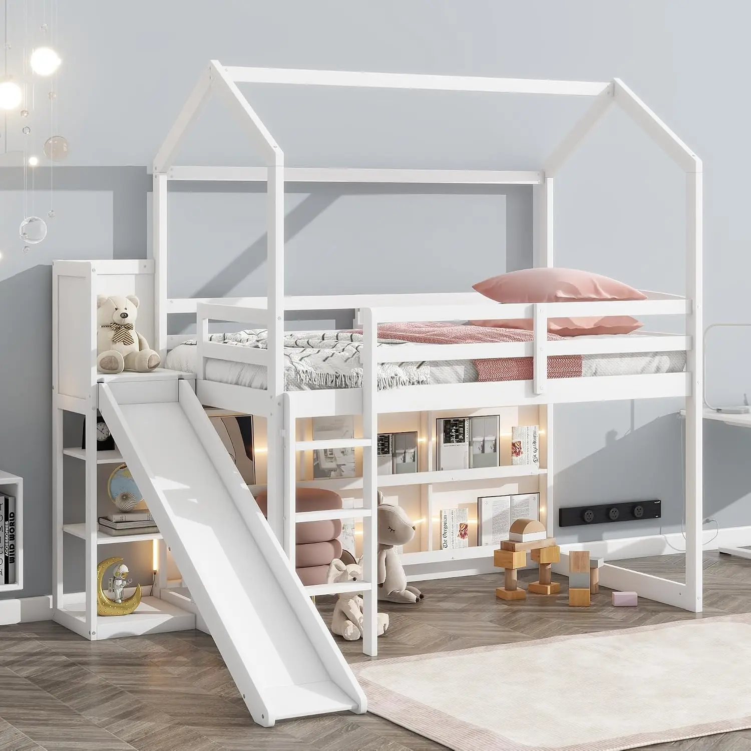 Twin Size House Loft Bed with Slide, Storage Shelves and Light, Wood Kids Bed Frame with Guardrail and Ladder,Climbing Ramp,for