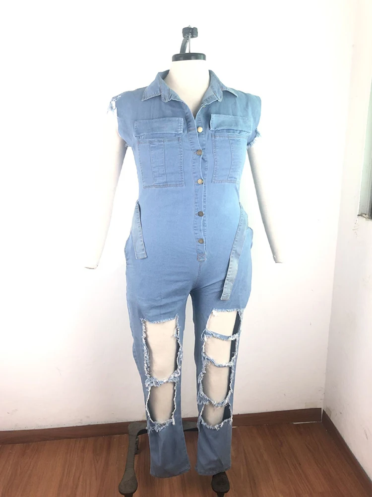 Imagem -03 - Calças de Brim para Mulheres Mais Tamanho Streetwear Uma Peça Terno com Faixa Denim Elegante Oversized Rasgado Macacão Atacado Dropshipping a Granel