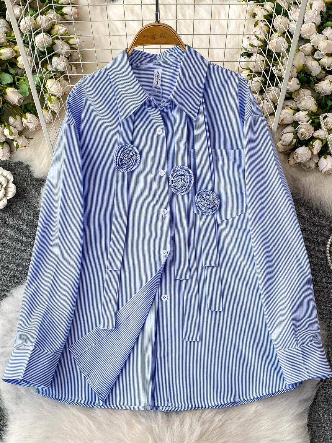 

Женская рубашка свободного кроя с длинными рукавами, летняя повседневная рубашка в корейском стиле, защита от солнца, цветочный принт, полосатый топ с воротником