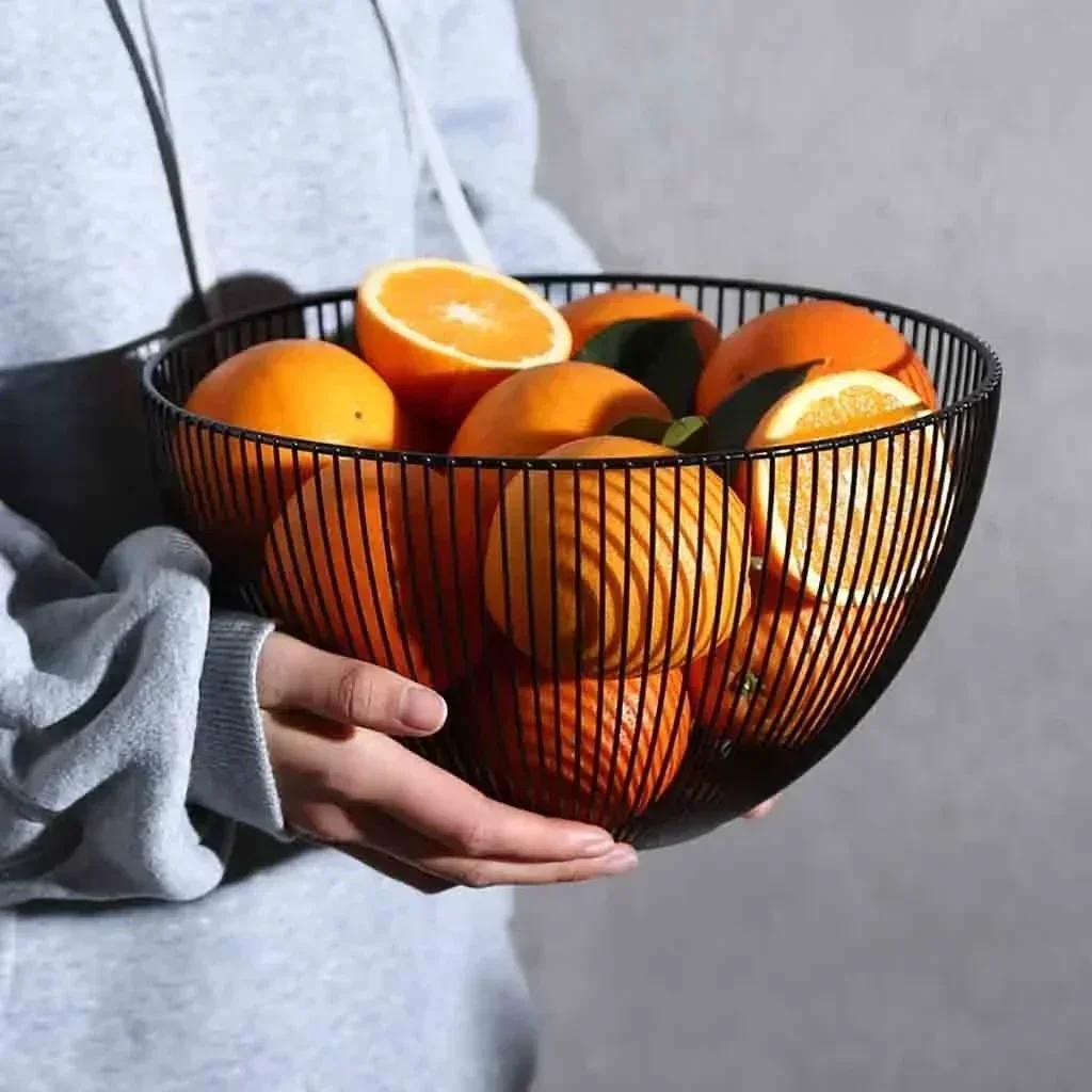 Large Household Solid Color Storage Basket Black Table Decor Metal Dish Kitchen Fruit Bowl Food Baskets Bread Bowl Iron Shape