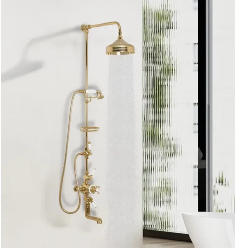 Classic Double Handle Brass Gold Shower Faucet Set Telephone Hand Shower with Angled Slide bar Thermostatic Shower