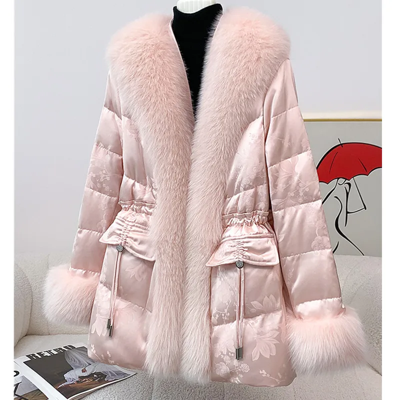 معطف فرو الثعلب للنساء الراقية 2026 منتصف إلى طويل التخسيس الشتاء أوزة أسفل معاطف أنثى موضة معطف باركر دافئ #4