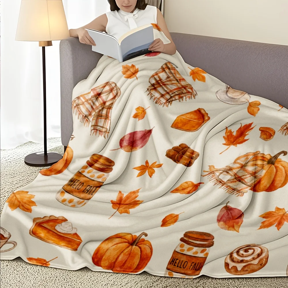 1pc, Autumn Pumpkin And Maple Leaf Pattern Flannel Blanket, Soft And Comfortable, Single-Sided Print, Suitable for Sofa And Camp