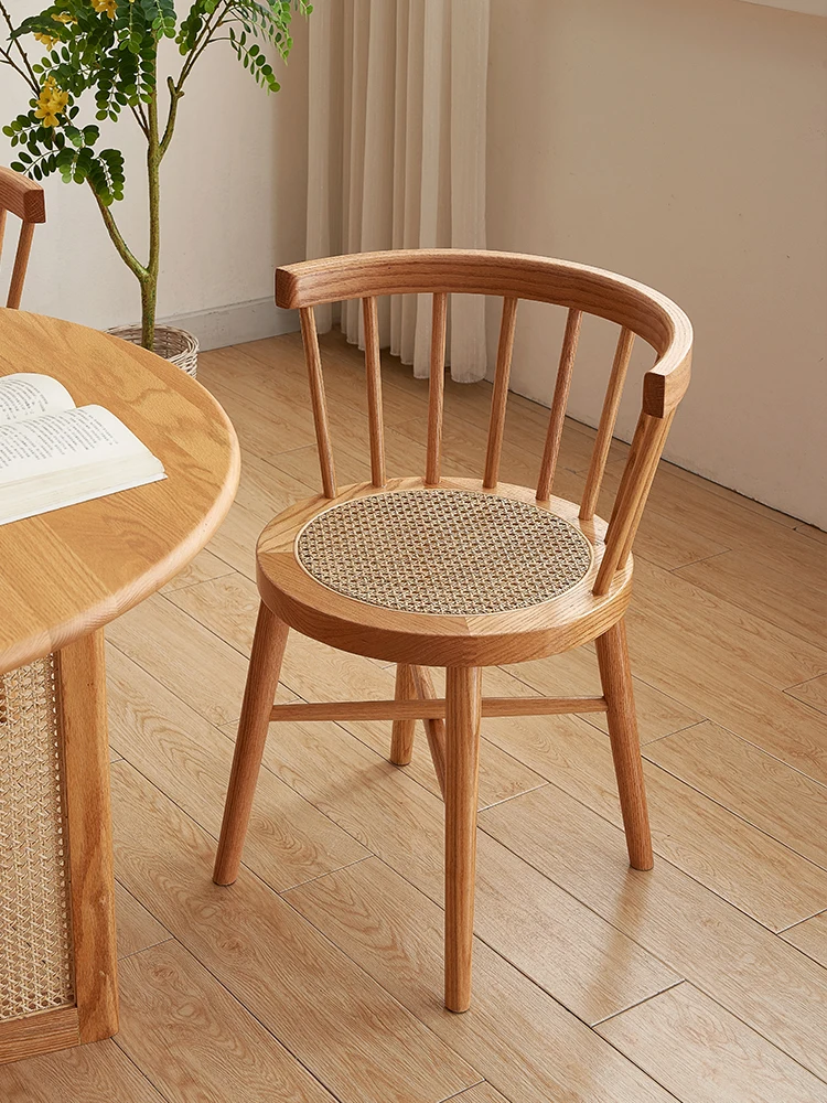 Solid wood rattan weave backrest, household dining chair, surround chair, makeup chair, simple single person