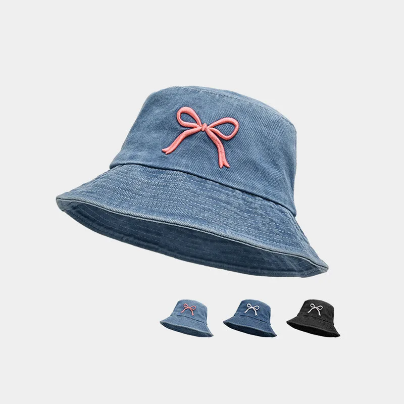 

Шляпа рыбака с вышивкой и бантом Женская весенне-летняя Корейская Повседневная Универсальная джинсовая Солнцезащитная шляпа для бассейна