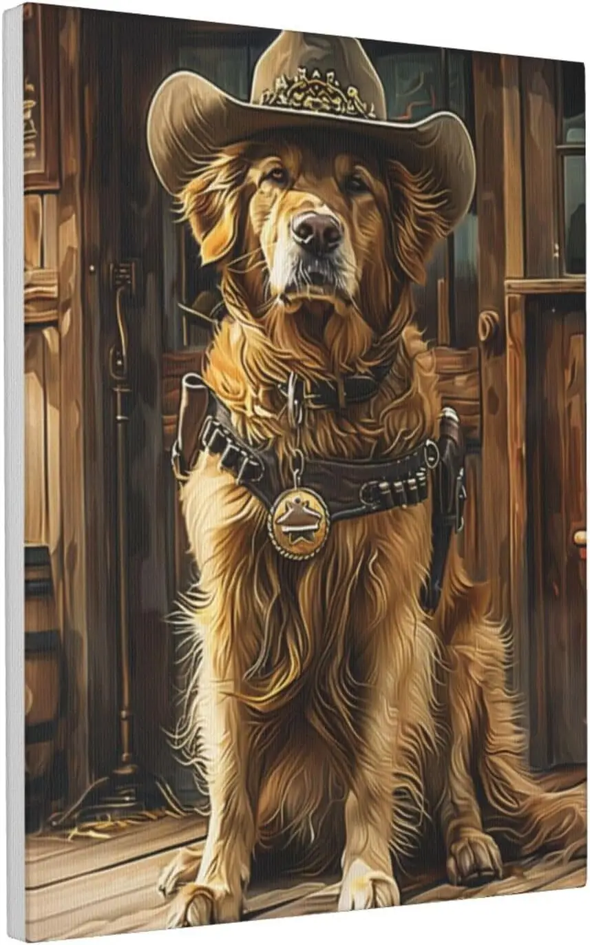 MA6GE8DE Yard Wall Art Rustic Decor Dog Wearing A Cowboy Hat Canvas Painting,Home Yard Fence Wall Decor Canvas Poster,Bedroom,Of