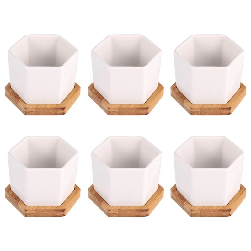 

Simple White Creative Ceramic Small Hexagonal Plant Succulent Flowerpot With Bamboo Tray (6 Small Flowerpots + 6 Trays)